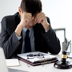 Stressed man in a suit at a desk with a judge gavel: legal consequences of failure to appear.